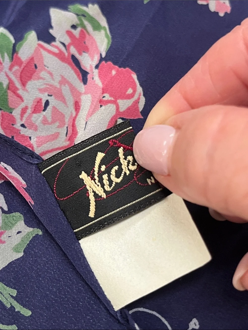 Nick & Nora Navy Silk Scarf with Bees & Pink Floral Bouquet Print